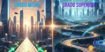 Comparativa visual de dos caminos de formación profesional: Grado Medio y Grado Superior, destacando el retorno de inversión.