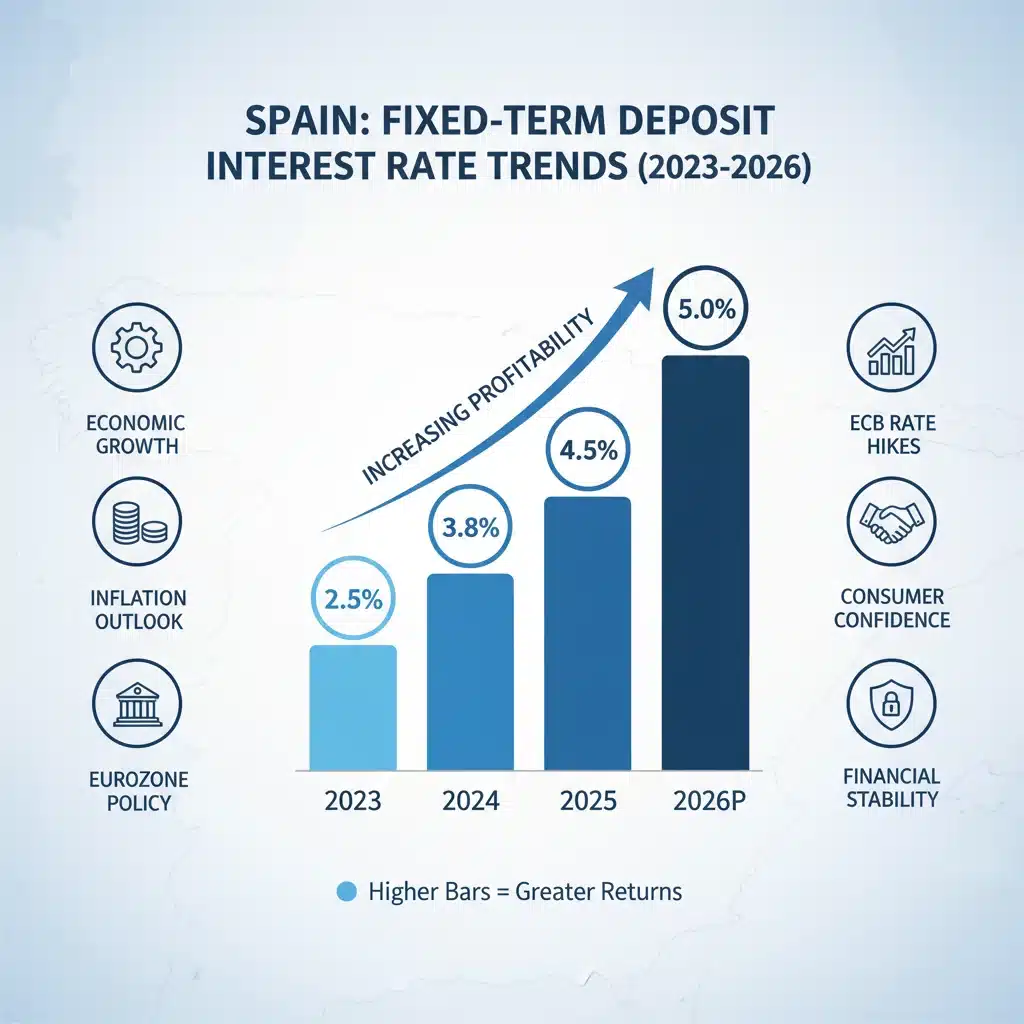 Gráfico de barras mostrando la evolución de las rentabilidades de los depósitos a plazo fijo en España desde 2023 hasta 2026.