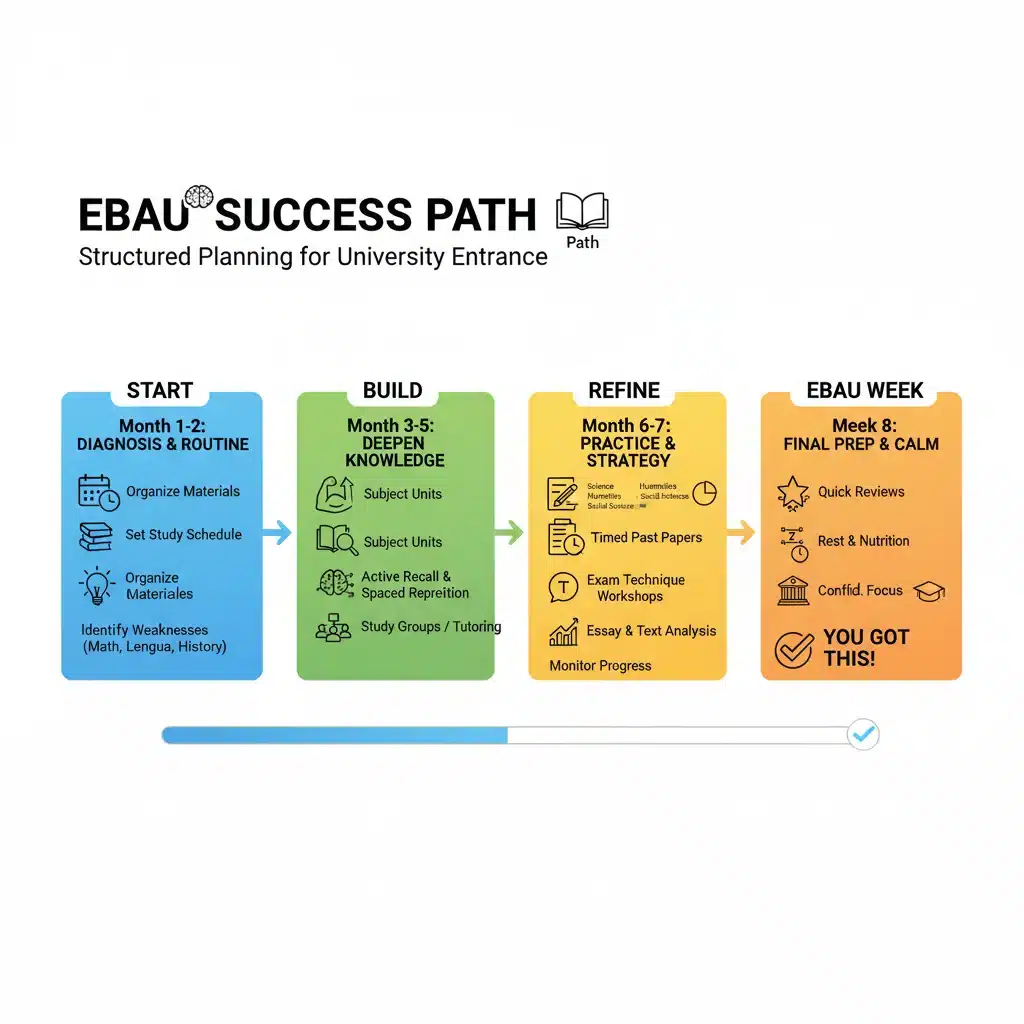 Infografía con pasos y estrategias para una preparación eficiente de la EBAU