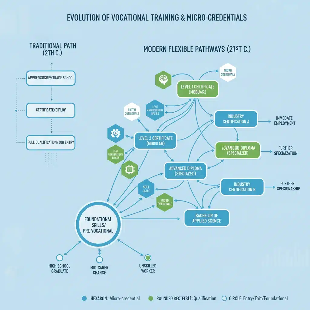 Infografía digital mostrando la flexibilidad de las nuevas rutas de formación profesional y la integración de micro-credenciales en el sistema educativo español.