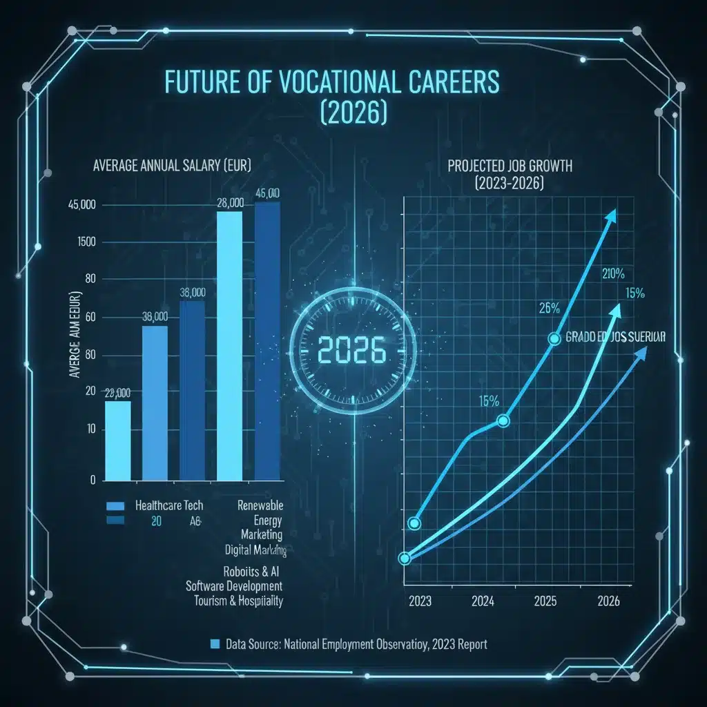 Infografía comparativa de salarios y crecimiento laboral en distintos sectores de FP para 2026.