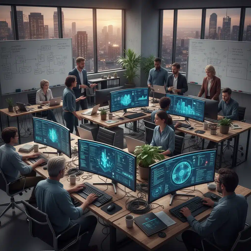 Equipo de profesionales colaborando en un entorno de trabajo digital avanzado, con pantallas mostrando datos y código, reflejando las nuevas demandas del sector.