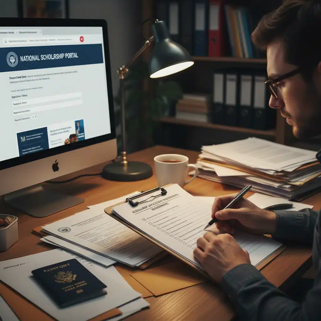 Persona revisando lista de documentos para solicitud de becas, con papeles oficiales.
