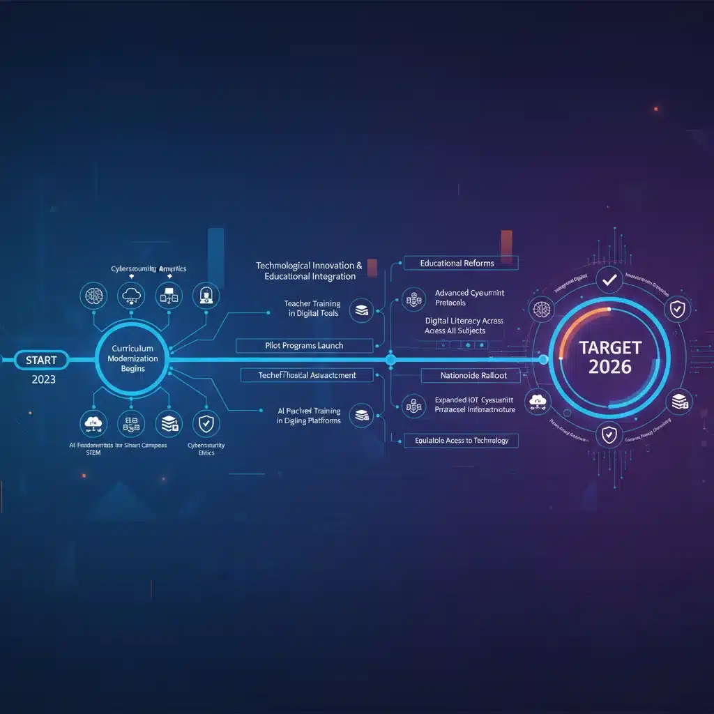 Infografía de una hoja de ruta tecnológica con hitos y reformas educativas, mostrando la integración de IA, IoT y ciberseguridad en la FP hasta 2026.