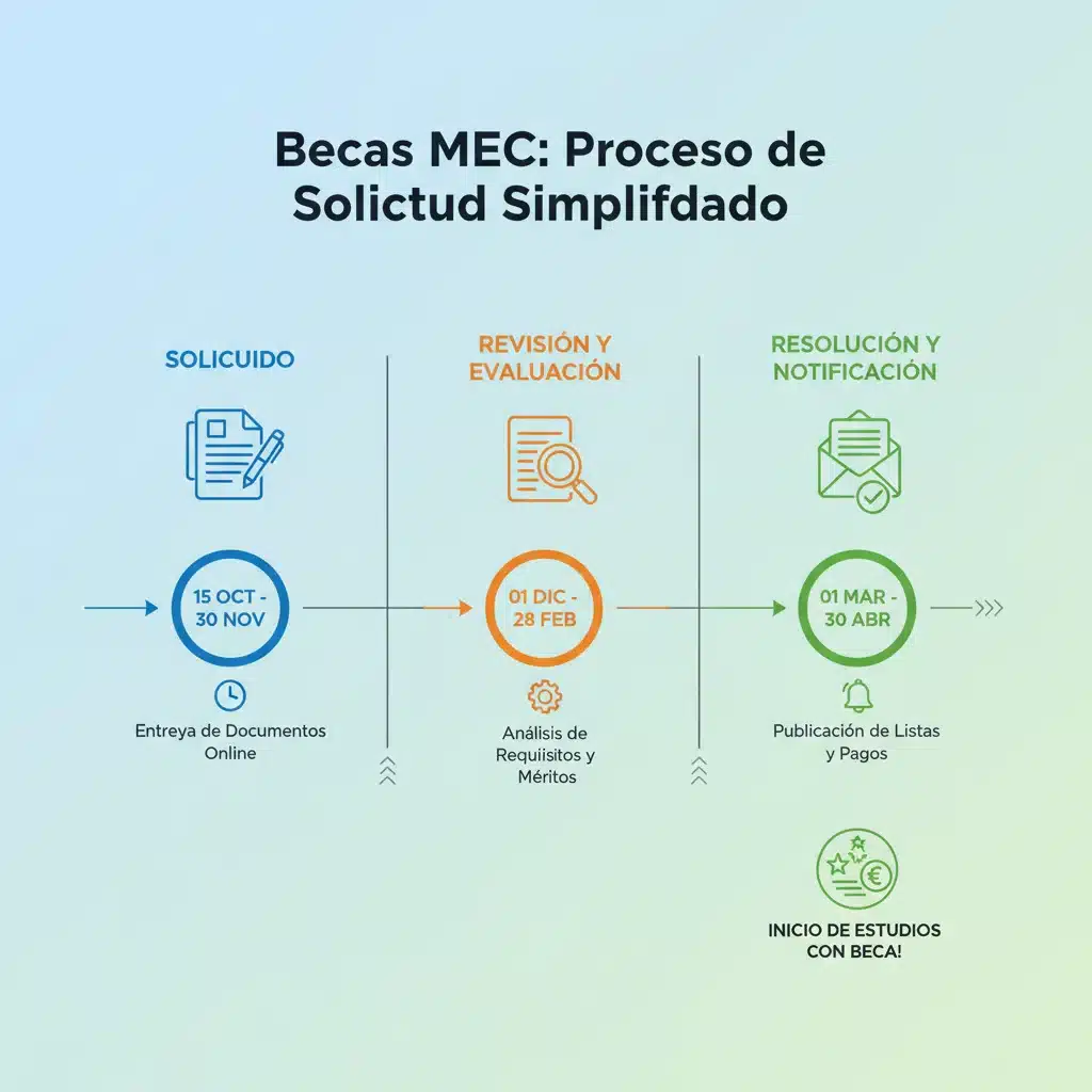 Infografía con línea de tiempo y pasos clave para la solicitud de becas MEC.
